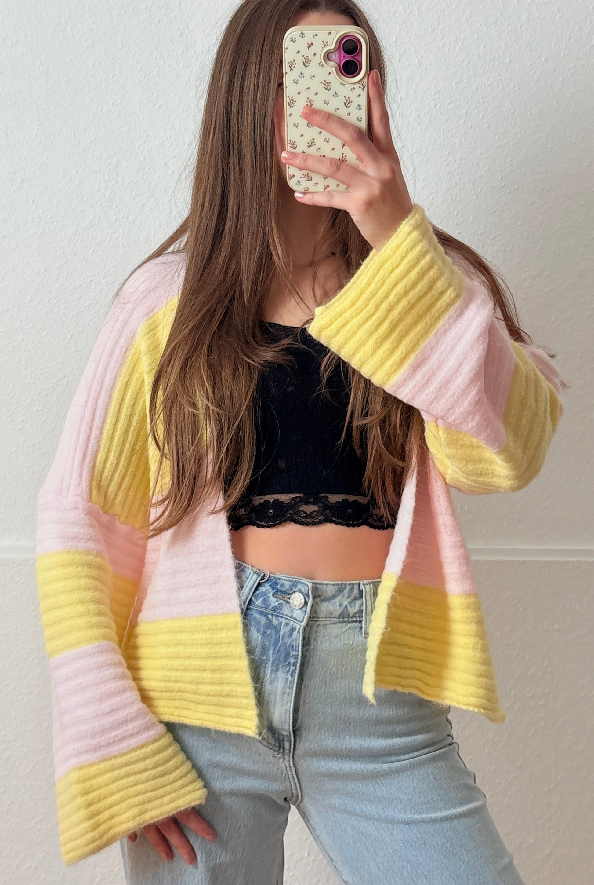 Fluffy Stripe Cardigan - (Rosa/Gelb)