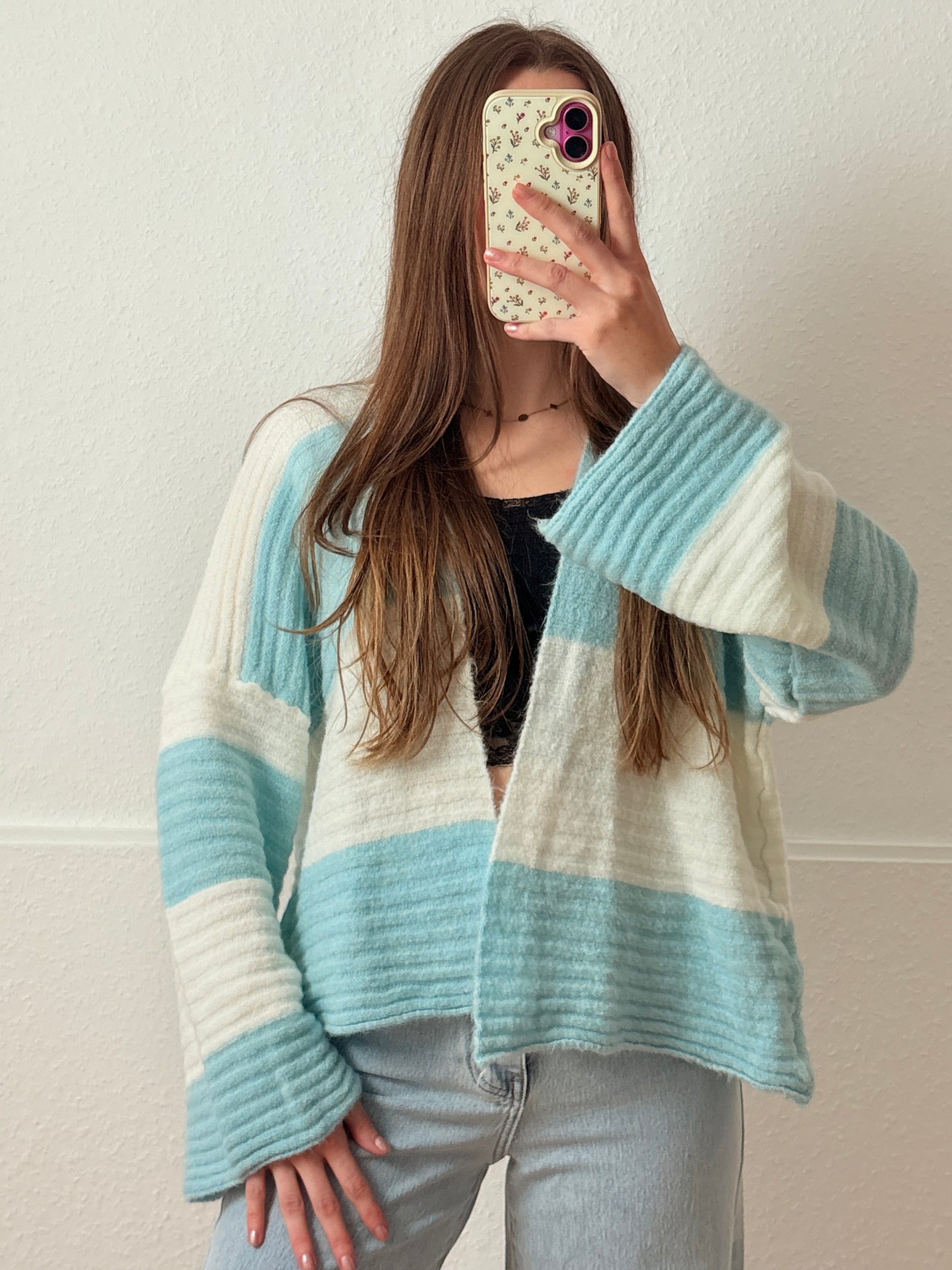Fluffy Stripe Cardigan - (Blau/Creme)