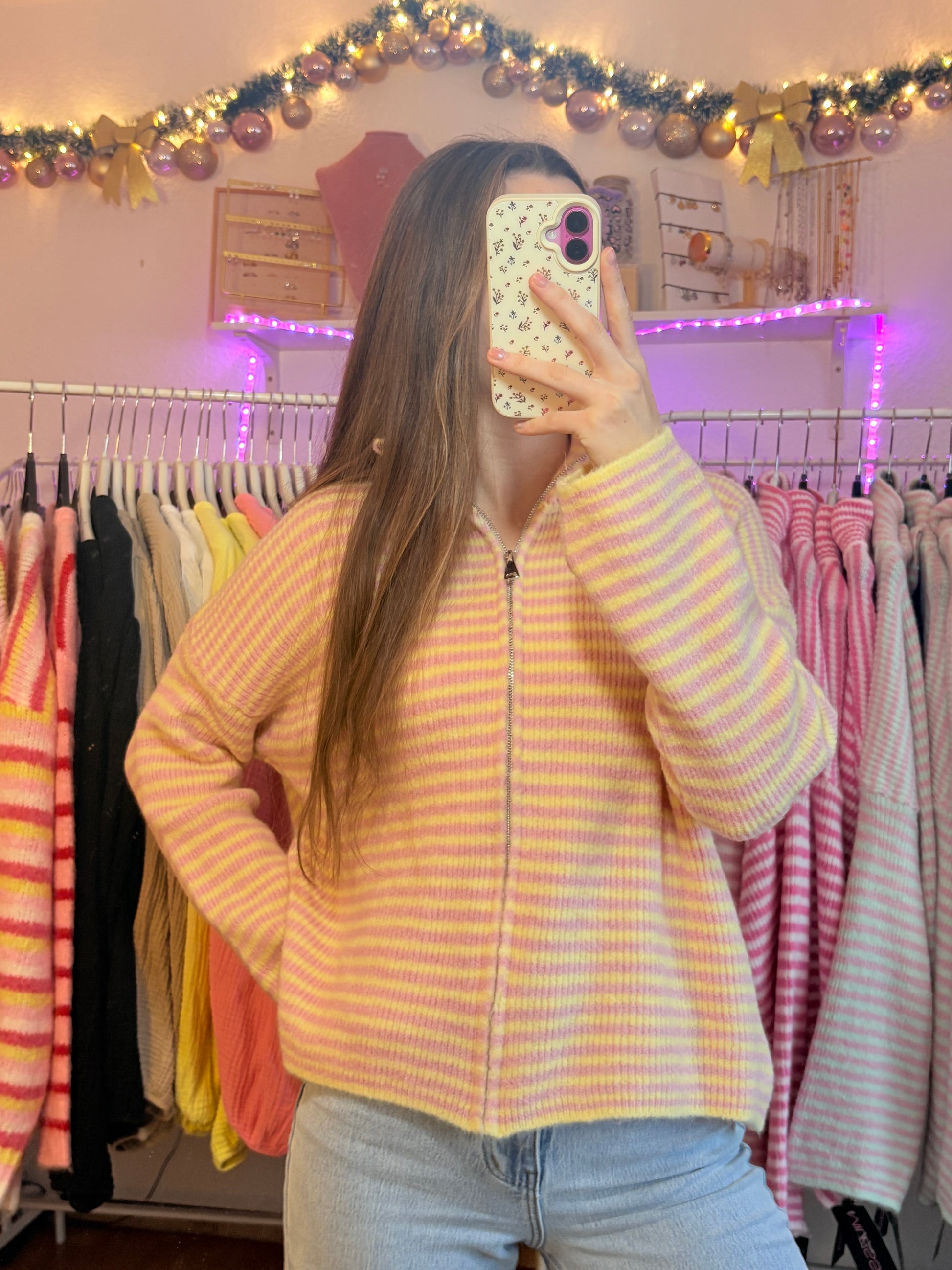 Strickjacke - Sweetline Zip (Gelb/Rosa)