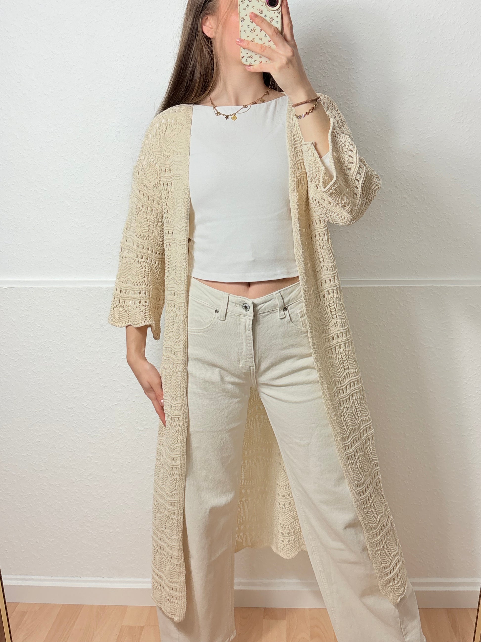 Lange Häckeljacke - Beige