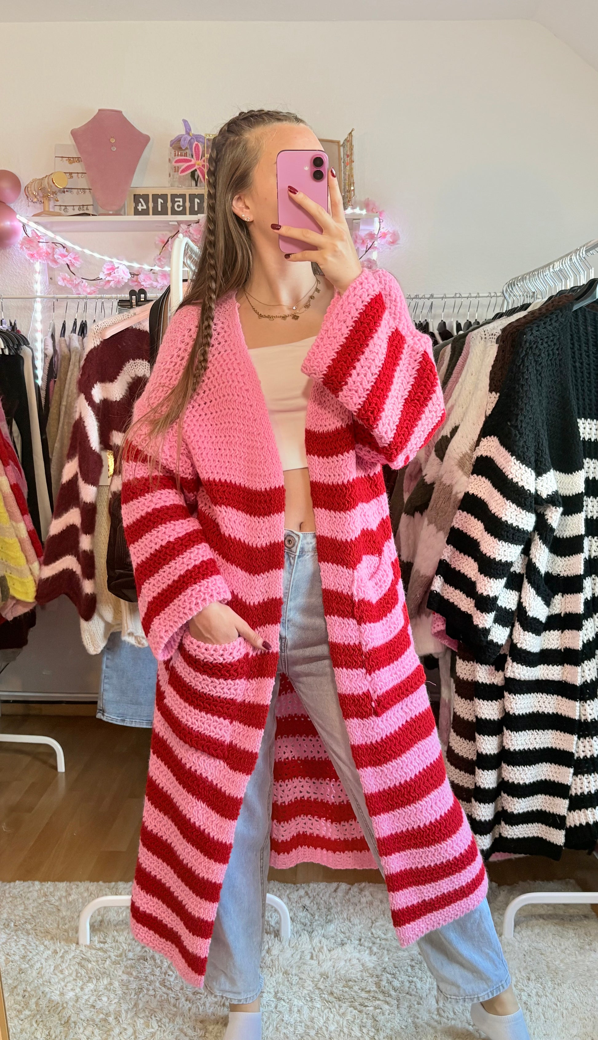 Langer Strick Cardigan - Tara (Rosa)